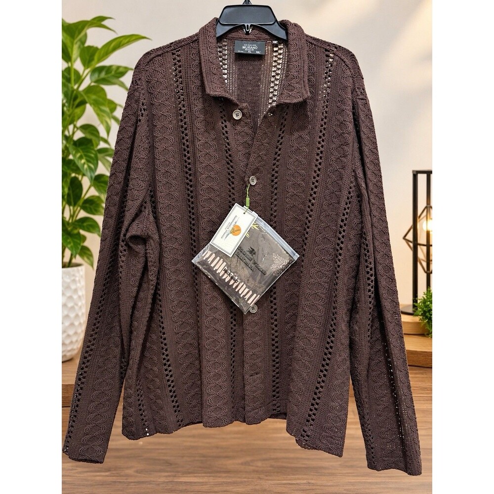 Murano Mens XL Brown Cable Knit Button Front Sweater NWT Crocodile Collection